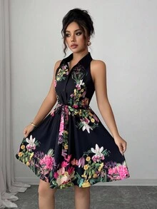 Elenzga Váy đi nghỉ thanh lịch cổ yếm in hoa dành cho nữ - Nhiều màu - Xem 6