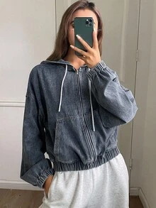 DAZY 秋冬新款宽松休闲做旧洗水女式牛仔夹克和外套 - 藍色 - 查看 3