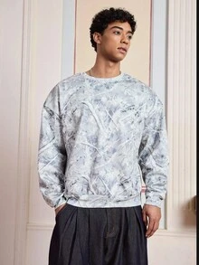 SWAVVY Áo nỉ cổ tròn in họa tiết cành lá kỹ thuật số toàn thân dành cho nam, Thu, Đông - Nhiều màu - Xem 5