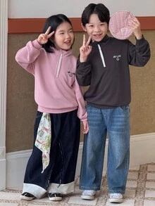 Genkimix Kids 男童宽松刺绣字母卫衣，深灰色 - 灰色 - 查看 4