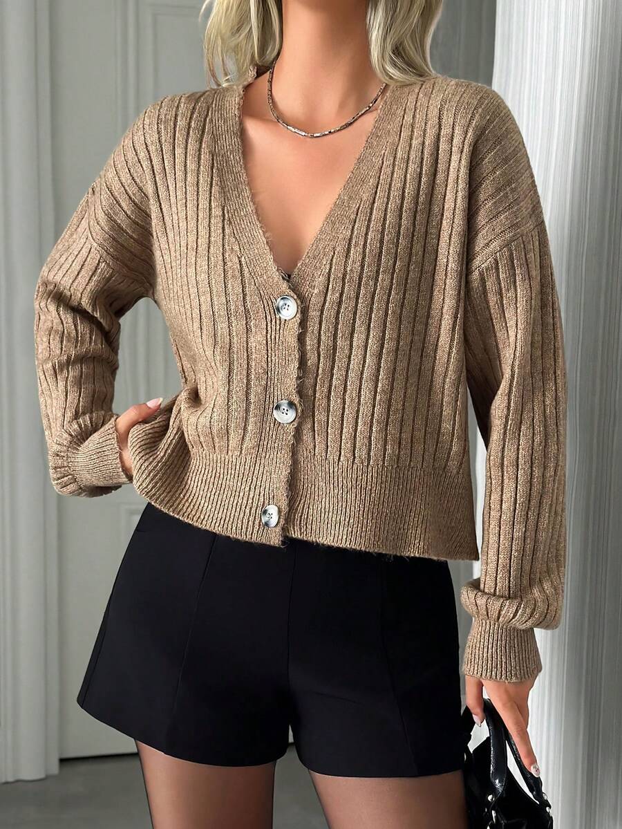 EURMUSE Women'S Solid Color Short Cardigan With Ribbed Texture - Brown - View 1