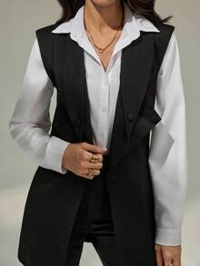 Modelyn 女士黑色无袖垫肩时尚西装外套和高腰阔腿裤套装 - 黑色 - 查看 9