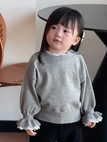 DAZY 女婴二合一韩式蕾丝拼接长袖毛衣幼儿女童服装 - 灰色 - 查看 7