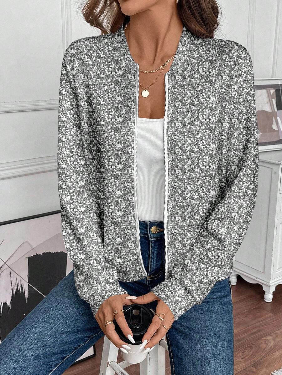 SHEIN LUNE Women's Casual Shiny Zipper Baseball Jacket, Suitable For Fall/Winter - Multicolor - View 1
