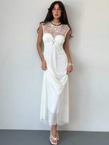 Firerie Women's Elegant White Summer Wedding Guest Dress,Lace Patchwork