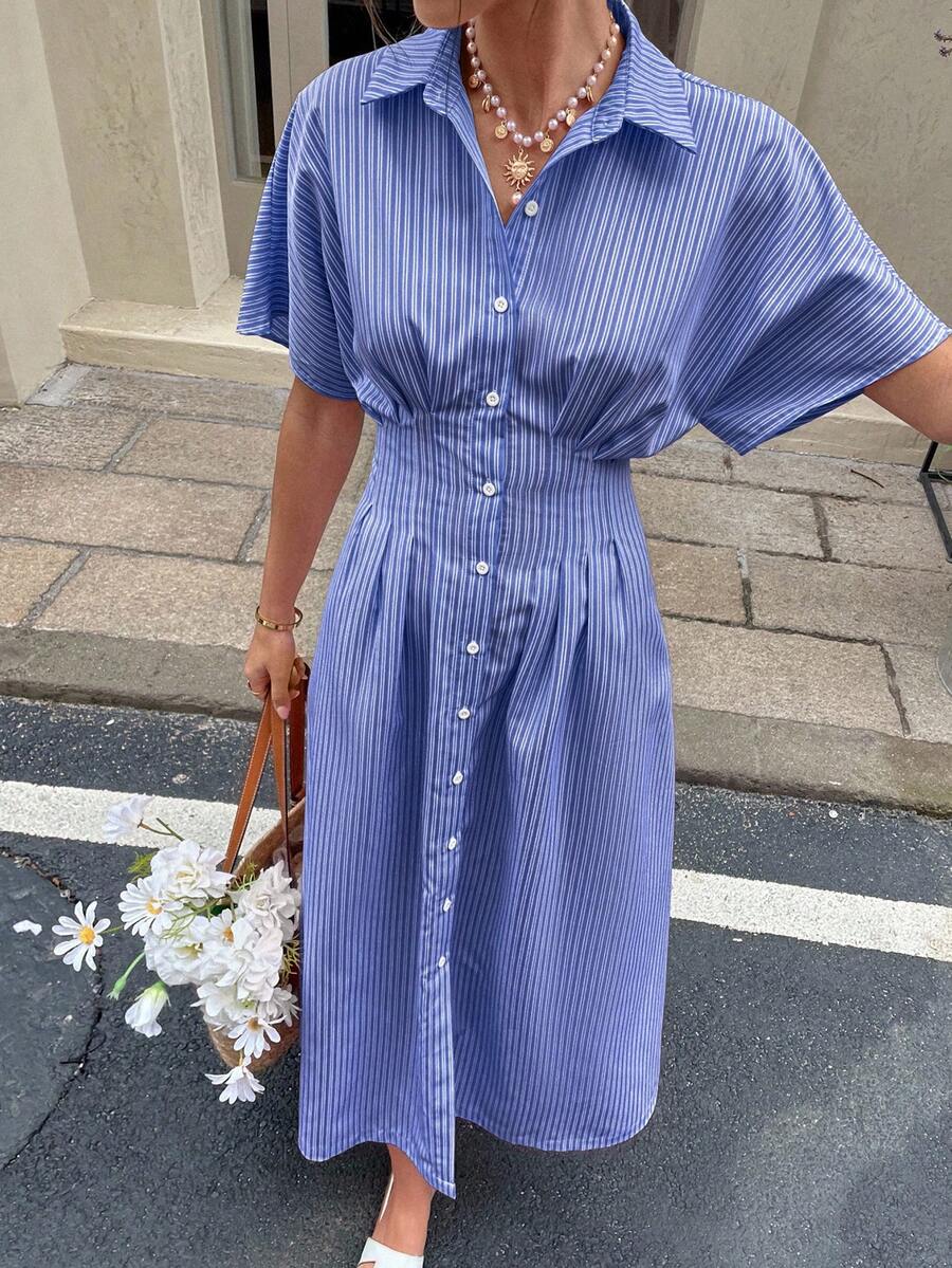 Serisse Women's Vertical Striped Collared Short Sleeve Dress Summer Casual - Blue and White - View 1