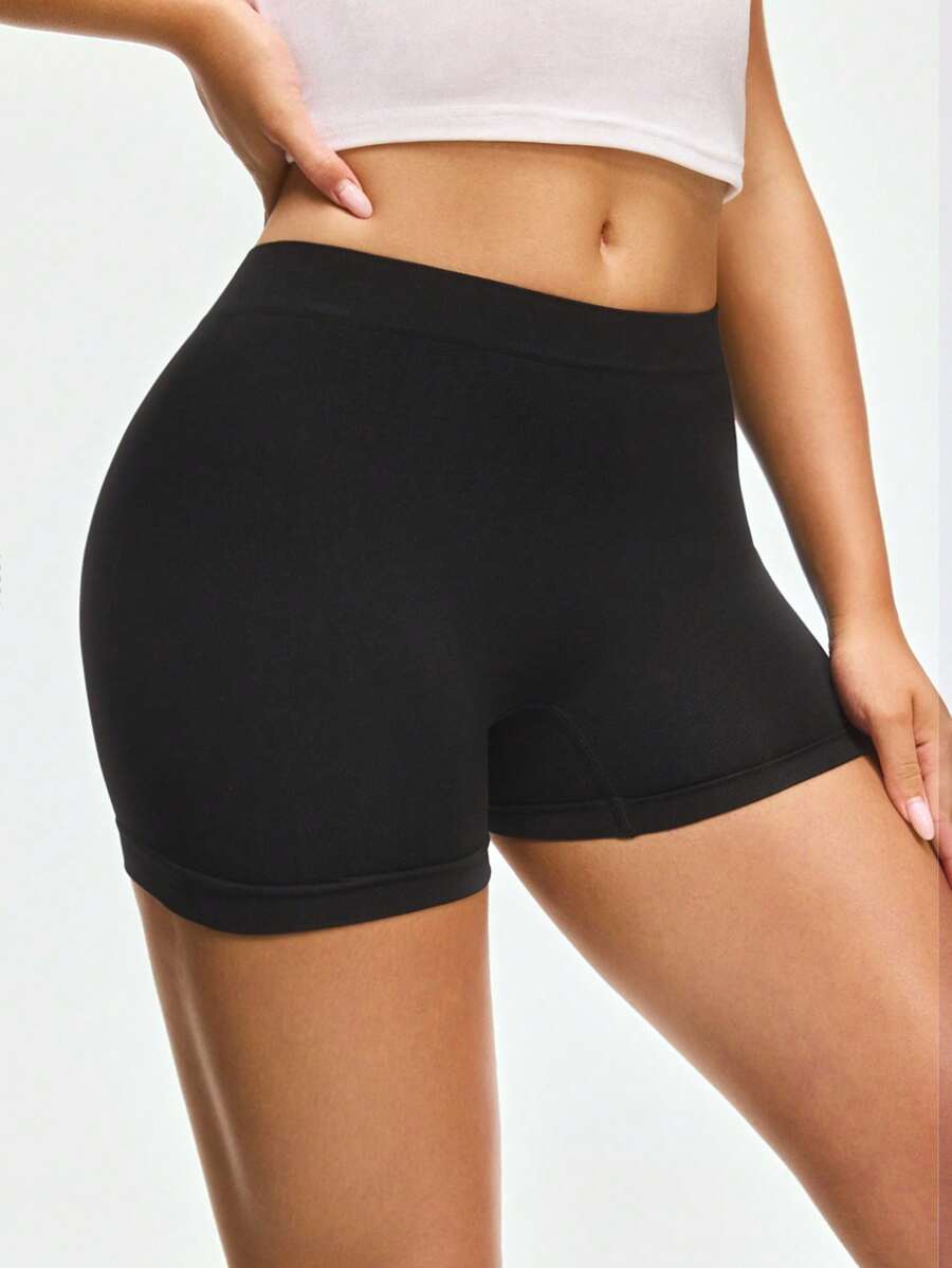 SHAPORA Women Black Knitted Fabric Boyshorts Casual Plain Slight Stretch - Black - View 1