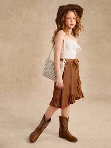 Tween Girl 2pcs Set: White Lace Patchwork Camisole Blouse + Khaki Belted Ruffle Hem Mini Skirt Elegant Outfit Summer Holiday - Khaki - View 4