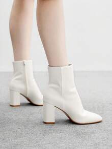 CUCCOO BIZCHIC Pointed Toe, Chunky Heel Women's Commuter Fashion Simple Ankle Boots, Classic White Side Zipper Mid Heel Boots, Suitable For Autumn & Winter For Christmas - White - View 2