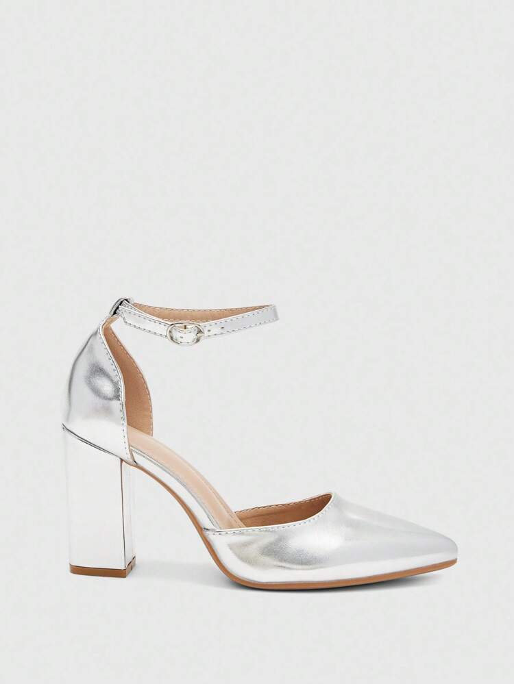 CUCCOO BIZCHIC Women's Fashion Silver Material Ankle Strap Pointed Toe Chunky Heel Pumps, Comfortable For Commuting, Dating, Gathering, Party And Other Occasions For Christmas Spring Shoes