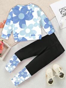 SHEIN 2件套女婴休闲时尚创意卡通可爱蓝色碎花兔子字母印花卫衣和打底裤套装，姐妹装（2套单独出售）双胞胎女童服装 女婴服装 女婴服装 女童服装 女童兔子服装 秋冬 - 彩色 - 查看 2
