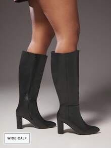 SHUZIA Women's Wide Shaft Almond Toe Block Heel Knee-High Boots For Christmas