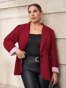 Chikora Blazer informal de talla grande para mujer con puños y solapa a rayas, blazers de talla grande de otoño para mujer, blazers de talla grande rojos, blazer rojo de mujer de talla grande, blazers de oficina de talla grande para mujer, chaqueta de traje de talla grande roja para mujer de invierno y otoño - Rojo - Ver 9