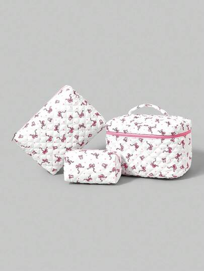 ROMWE Kawaii 粉色水钻图案刺绣领结印花时尚便携大容量化妆品收纳化妆包