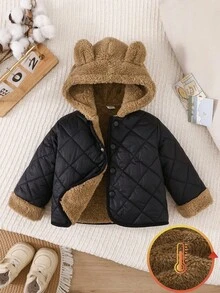 SHEIN Infant/Toddler Baby Boy Thick Thermal Lined Hooded Front-Zip Jacket, Suitable For Outdoor, Indoor, Sports, Baby Outerwear, Fall Winter 3M-3T Fall/Winter Neutral Baby Clothes Newborn Baby Clothes Unisex Jacket - Black - View 3