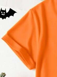 Trang phục hóa trang Halloween cho nữ mùa hè, ngày lễ, thời trang thường ngày, hoạt hình sáng tạo, dễ thương, họa tiết bàn cờ, bí ngô, hoa, ma, quỷ, áo thun tay ngắn cơ bản rộng rãi - Màu Khaki - Xem 5