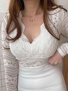 DAZY Women's Lace Top For Daily Wear Long Sleeve Top - White - View 1