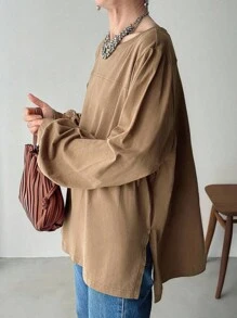 FRIFUL 女式纯色卡其色圆领长袖拼布侧开衩下摆宽松休闲百搭 T 恤，秋季穿着 - 咖啡棕 - 查看 7