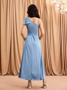 Teen Girls Elegant Fashionable Minimalist Asymmetric High Waist Long Solid Color Satin Fabric Bow Design Prom, Christmas Party, Halloween Event Dress - Blue - View 2