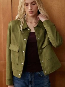 Écloséra Women's French Commuter Lapel Suede Metal Button Long Sleeve Jacket Autumn And Winter Cardigan Winter Coat Going Out Coats Women Fall Green Jacket