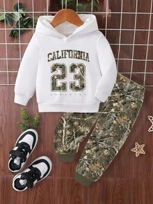 SHEIN 2 件套男婴休闲简约时尚 23 号图案连帽衫，适合春秋冬季 - 彩色 - 查看 4