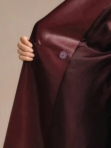 Anewsta Women's Fashionable Solid Color PU Leather Wide Lapel Loose Belted Long Leather Jacket, Suitable For Christmas And New Year Outings - Burgundy - View 7