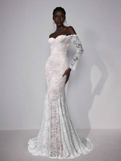 Elitara Dam Elegant Romantisk Lyxig Hel Spets Bara Axlar Långärmad Blommig Spets Patchwork Fiskstjärt Fåll Rygglös U-ringad Maxi Bröllopsklänning