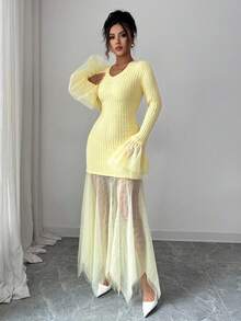 Elenzga Elegant Romantic Fitted A-Line Sweater Dress With Keyhole Neckline, Long Sleeve Fall Winter Cloth For Women