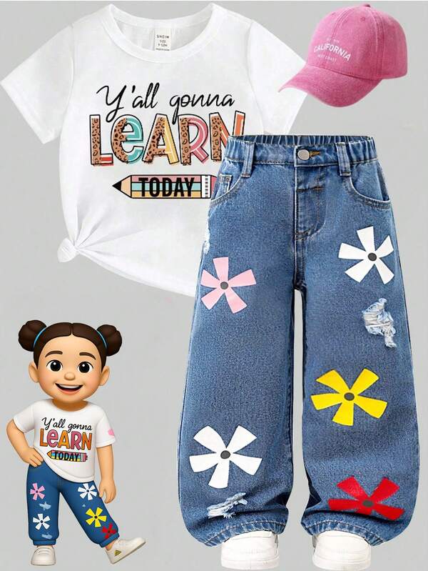 Denimly Girls Casual Urban Street Cute Flower Print Distressed Baggy Jeans For Kids,Blue,Summer,Back-To-School Versatile Daily Denim Pants