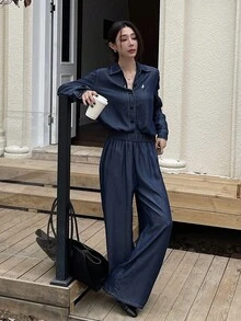 DAZY Women's Casual Loose Shirt And Wide Leg Jeans Suit, Autumn - Navy Blue - View 6