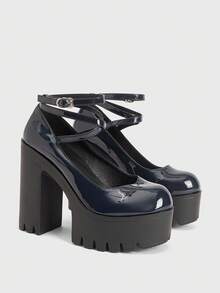 Sugerpunk 女士休闲防水厚底高跟鞋，秋季时尚深蓝色踝带扣高跟鞋，适合派对、旅行、聚会 - 藏蓝色 - 查看 2