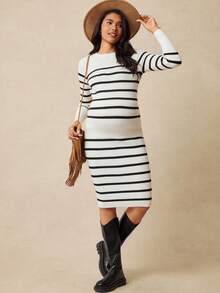 SHEIN 孕妇条纹圆领长袖修身休闲毛衣套装 - 杏色 - 查看 3