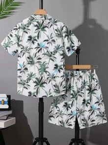 SHEIN 2 件青少年男孩休闲学院风花卉印花衬衫和短裤套装，适合通勤、上学、日常休闲装、运动、春夏季 - 彩色 - 查看 2