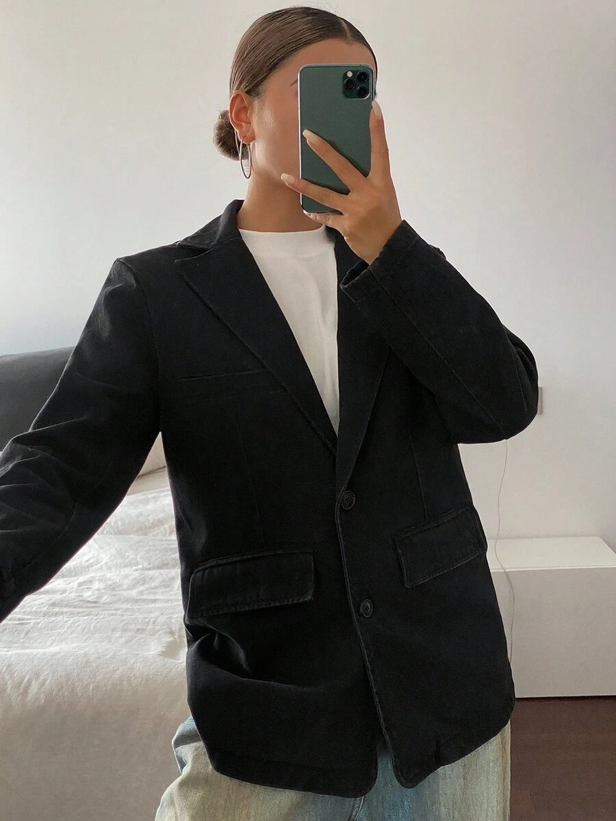 Livesso 女士宽松休闲牛仔夹克，秋季 - 黑色 - 查看 1