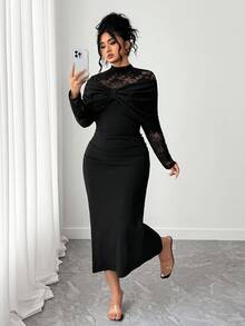 SHEIN Elenzya Plus Size Women's Stand Collar Long Sleeve Fitted Sexy Lace Patchwork Elegant Dress Fall Cloth For Women