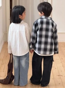 Genkimix Kids 2 件年轻男孩时尚格子衬衫 + 宽松工装口袋水洗牛仔裤套装，休闲时尚，春秋 - 黑色 - 查看 2