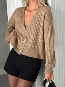 EURMUSE Women'S Solid Color Short Cardigan With Ribbed Texture - Brown - View 3