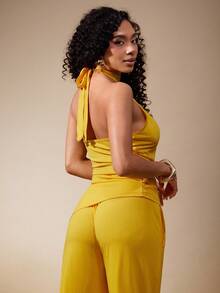 Vixey Solid Jersey Asymmetrical Hem Halter Neck Sleeveless Top - Yellow - View 2