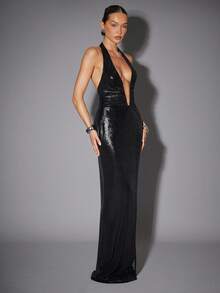 Hauture 深 V 领金属针织褶饰露背无袖连衣裙