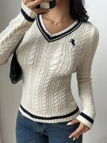 SHEIN EZwear 2025新款极简主义秋冬女式撞色条纹V领长袖修身绞花针织套头毛衣，适合外出乡村风格，秋季万圣节女式冬季毛衣，万圣节女装 - 白色 - 查看 5