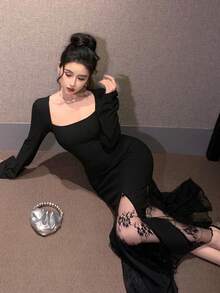 DAZY Vestido de encaje y parches elegante de longitud media para mujer, vestido de graduación de otoño - Negro - Ver 6