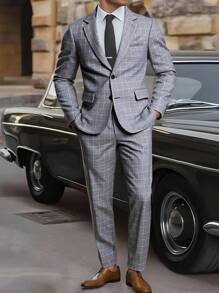 Calvornis 男士灰色格子 V 领休闲西装套装，春夏男士格子灰色西装外套和裤子两件套，商务正装风格，老款 - 灰色 - 查看 3