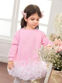 Babyflicka Söt Avslappnad Stickad Patchwork Organza Långärmad Klänning - Rosa - Visa 8