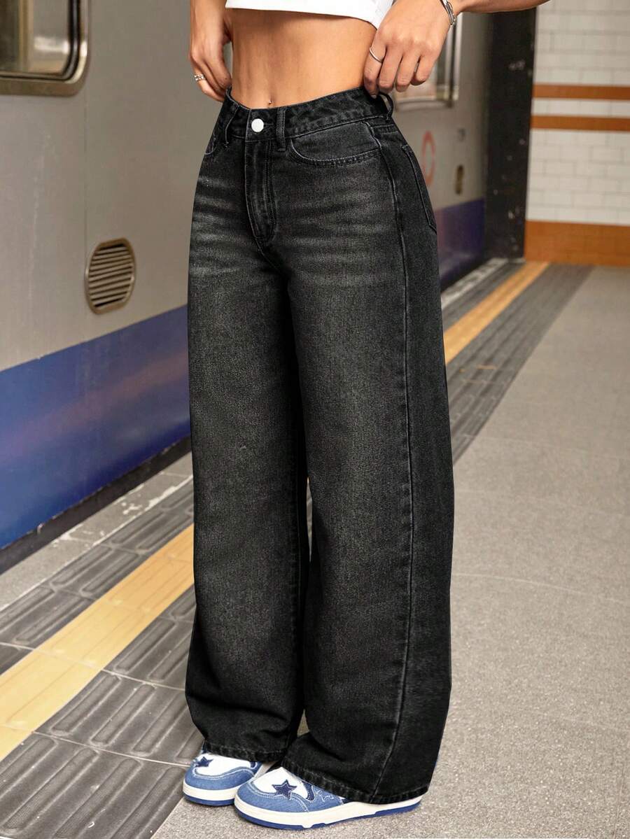 SHEIN Tall 女式休闲日常街头水洗斜口袋宽松直筒牛仔裤