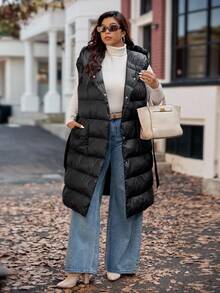 Vionelle 加大码女式连帽大口袋背心夹克长款秋冬时尚保暖外套配腰带冬季秋季羽绒背心 - 黑色 - 查看 10