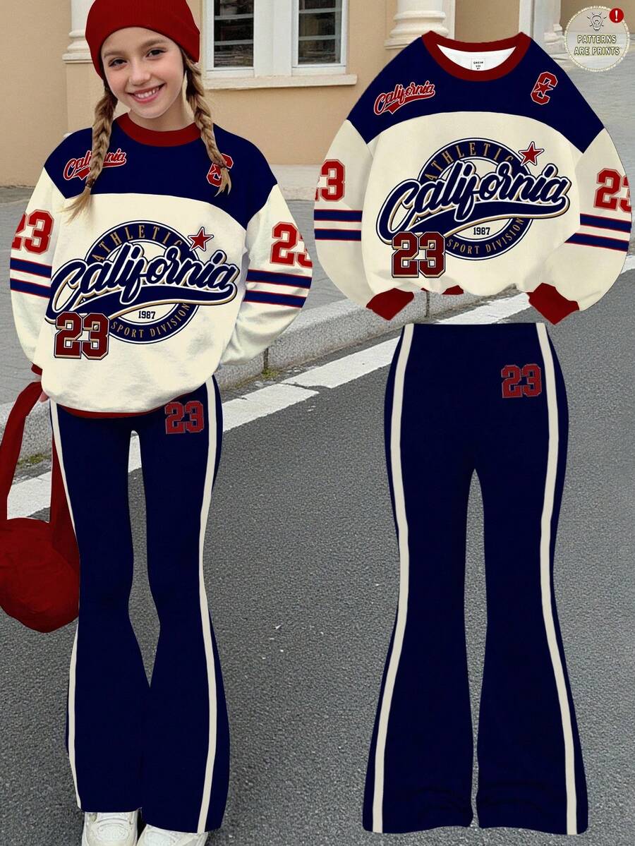 SHEIN Teen Girls Casual Retro Letter & Number Badge Graphic Pullover Hoodie And Flare Leg Pants 2 Pieces Outfit Set, Sporty College Style, Fall, Cute, Kawaii Winter - Multicolor - View 1