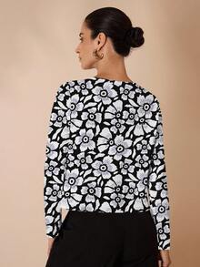Shutterstock Glamance Jaket Kasual Motif Bunga Terbuka Depan untuk Wanita, Cocok untuk Musim Gugur - MultiWarna - View 2