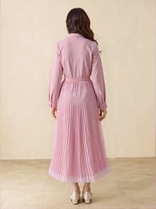 Teen Girls Light Pink Multilayer 3D Floral Long Sleeve Blouse & High Waist Pleated Skirt Set,Autumn Party Back To School Outfit,Elegant Minimalist - Pink - View 2