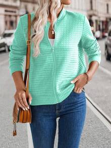 EMERY ROSE Women's Solid Color Long Sleeve Zip-Up Casual Baseball Jacket, Autumn