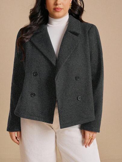 Elaquor Navy Blue Loose Fit Plus Size Women Short Blazer, Winter